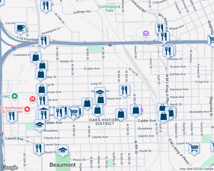 map of restaurants, bars, coffee shops, grocery stores, and more near 2300 Harrison Avenue in Beaumont