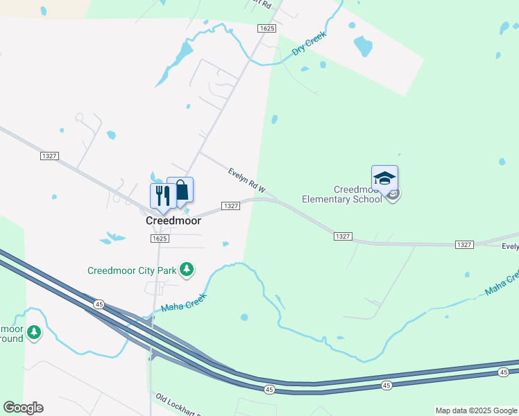 map of restaurants, bars, coffee shops, grocery stores, and more near 5107 Farm to Market Road 1327 in Creedmoor