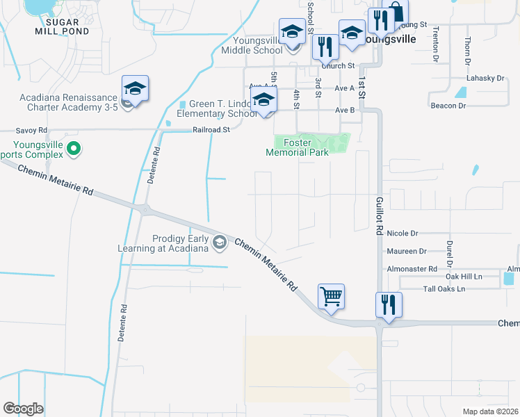 map of restaurants, bars, coffee shops, grocery stores, and more near Chemin Metairie Road in Youngsville