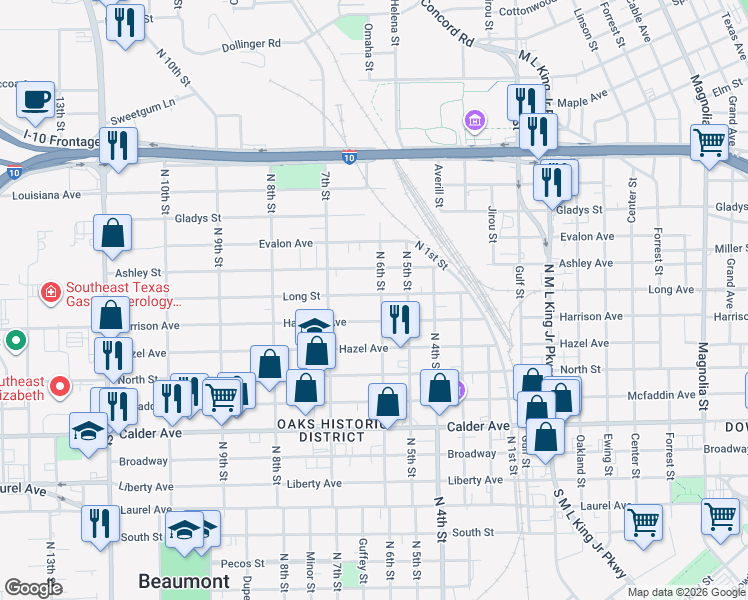 map of restaurants, bars, coffee shops, grocery stores, and more near 2205 Long Street in Beaumont