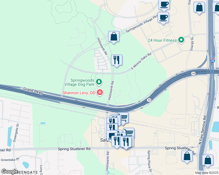 map of restaurants, bars, coffee shops, grocery stores, and more near 22407 Holzwarth Road in Spring