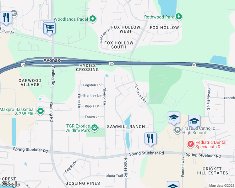 map of restaurants, bars, coffee shops, grocery stores, and more near 5006 Harvest Knoll Drive in Spring