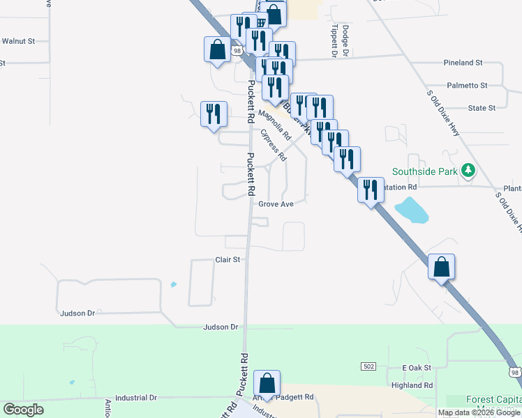 map of restaurants, bars, coffee shops, grocery stores, and more near Woodgate in Perry
