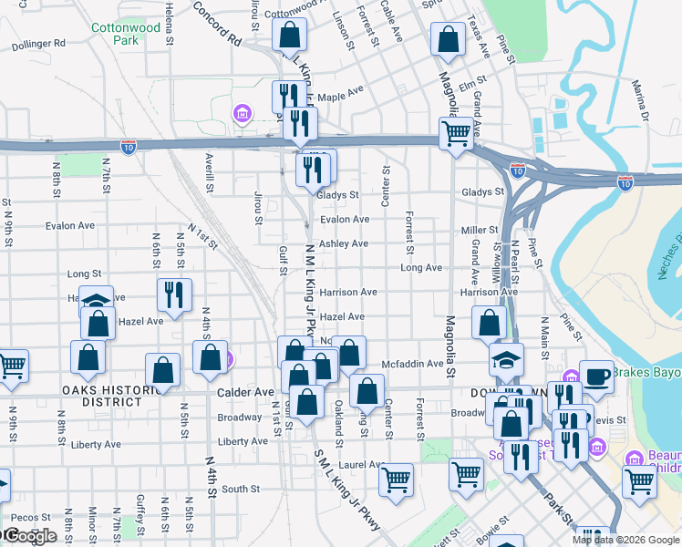 map of restaurants, bars, coffee shops, grocery stores, and more near 1410 Harrison Avenue in Beaumont
