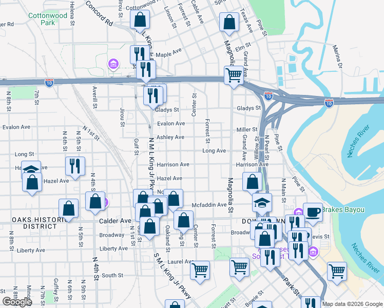 map of restaurants, bars, coffee shops, grocery stores, and more near 1197 Harrison Avenue in Beaumont