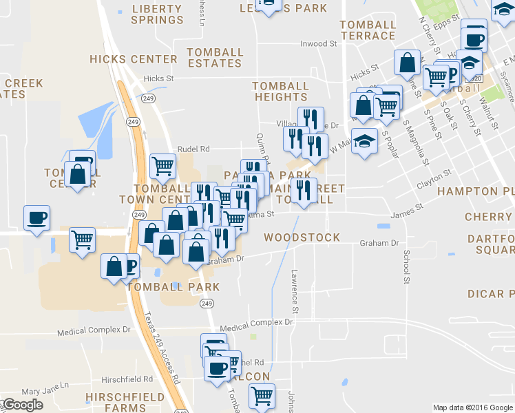 map of restaurants, bars, coffee shops, grocery stores, and more near 1211 West Main Street in Tomball