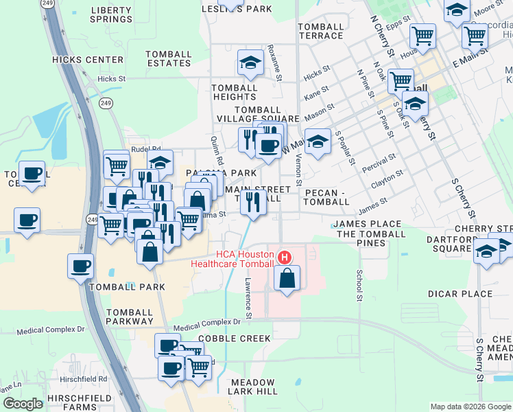 map of restaurants, bars, coffee shops, grocery stores, and more near 911 Barbara Street in Tomball