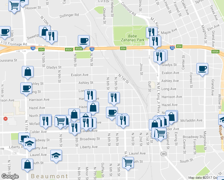 map of restaurants, bars, coffee shops, grocery stores, and more near 2100 Long Avenue in Beaumont