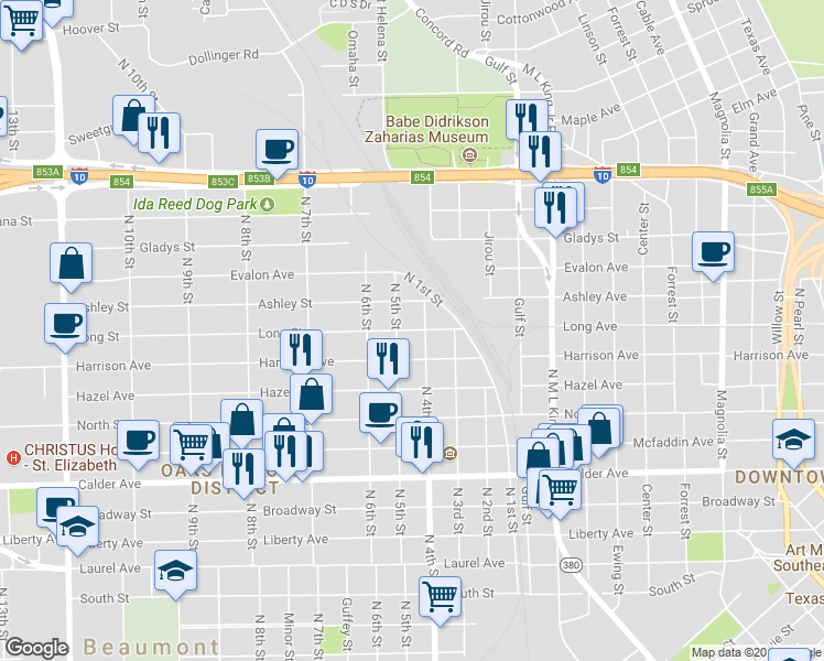 map of restaurants, bars, coffee shops, grocery stores, and more near 2085 Long Avenue in Beaumont