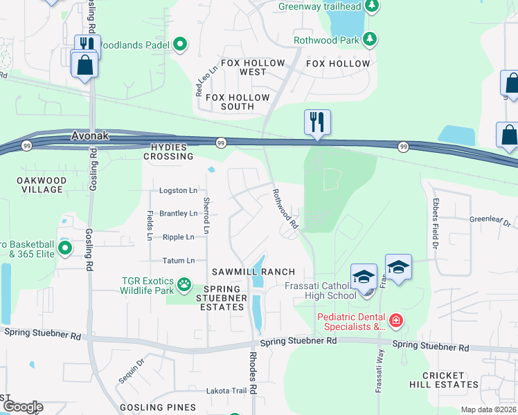 map of restaurants, bars, coffee shops, grocery stores, and more near 4810 Woodcrest Lane in Spring