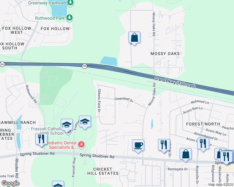 map of restaurants, bars, coffee shops, grocery stores, and more near 22530 Forbes Field Trail in Spring