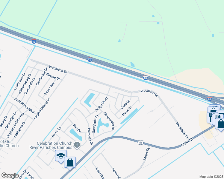 map of restaurants, bars, coffee shops, grocery stores, and more near 23 Sawgrass Drive in LaPlace