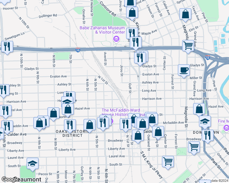 map of restaurants, bars, coffee shops, grocery stores, and more near 1243 Long Street in Beaumont