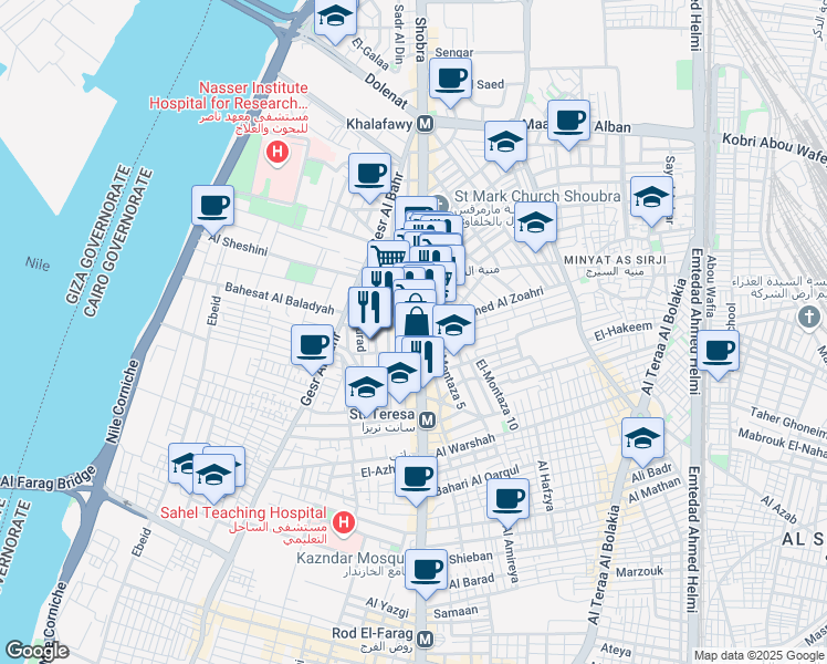 map of restaurants, bars, coffee shops, grocery stores, and more near 188 Shobra in El Sahel