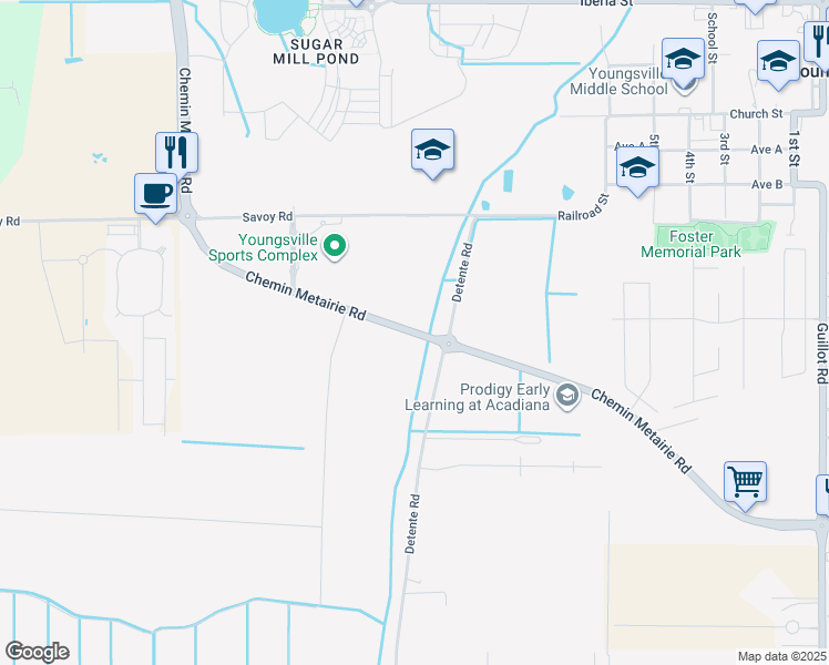 map of restaurants, bars, coffee shops, grocery stores, and more near Chemin Metairie Parkway in Youngsville