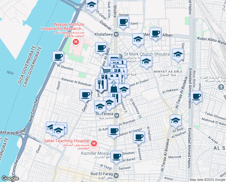 map of restaurants, bars, coffee shops, grocery stores, and more near 188 Shobra in El Sahel