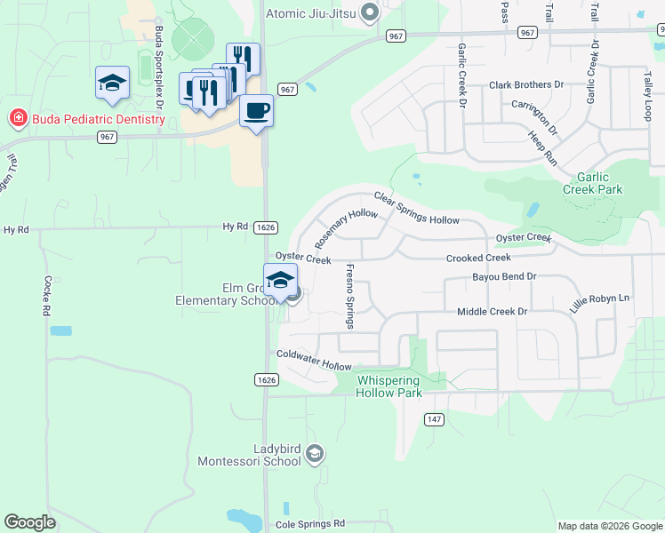map of restaurants, bars, coffee shops, grocery stores, and more near 126 Rosemary Hollow in Buda