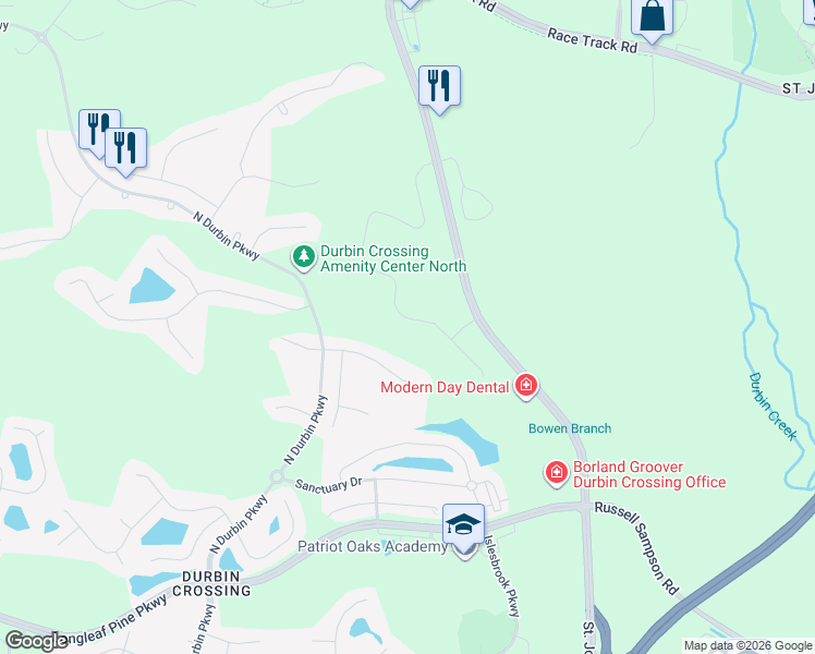 map of restaurants, bars, coffee shops, grocery stores, and more near 594 Servia Drive in Saint Johns
