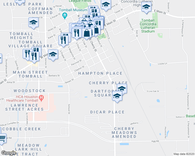 map of restaurants, bars, coffee shops, grocery stores, and more near 718 South Oak Street in Tomball