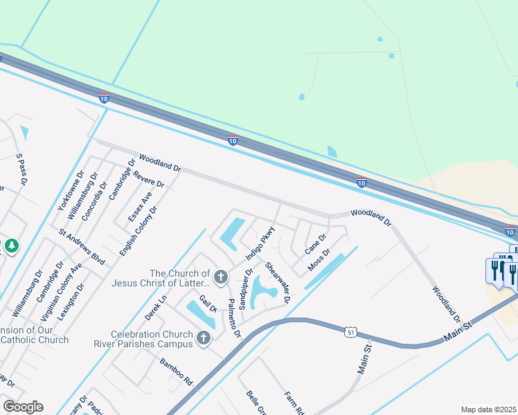 map of restaurants, bars, coffee shops, grocery stores, and more near 501 Indigo Parkway in LaPlace