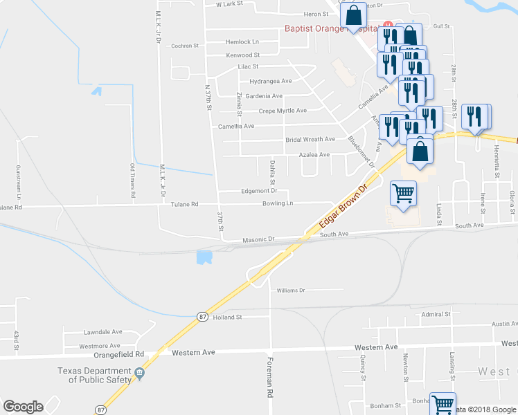 map of restaurants, bars, coffee shops, grocery stores, and more near 3529 Bowling Lane in Orange