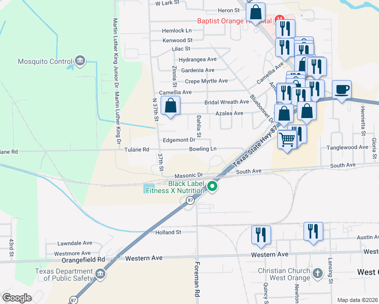 map of restaurants, bars, coffee shops, grocery stores, and more near 3508 Bowling Lane in Orange