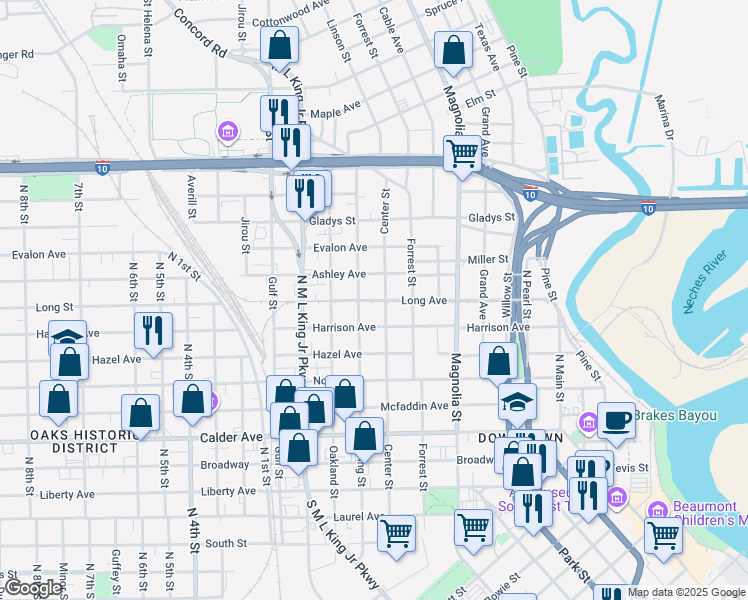 map of restaurants, bars, coffee shops, grocery stores, and more near 1043 Ewing Street in Beaumont