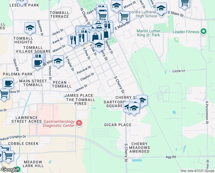 map of restaurants, bars, coffee shops, grocery stores, and more near 708 South Oak Street in Tomball