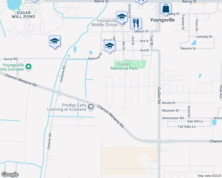 map of restaurants, bars, coffee shops, grocery stores, and more near Chemin Metairie Parkway in Youngsville