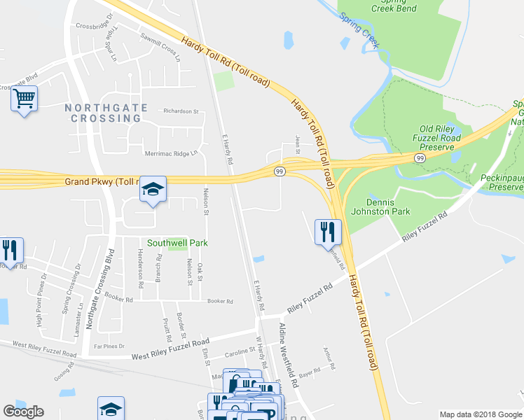 map of restaurants, bars, coffee shops, grocery stores, and more near 7222 Spring Creek Trail in Spring