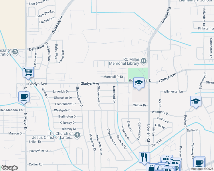 map of restaurants, bars, coffee shops, grocery stores, and more near 6750 Gladys Avenue in Beaumont