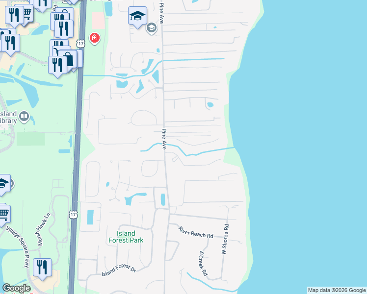 map of restaurants, bars, coffee shops, grocery stores, and more near 362 North Ridge Drive in Orange Park