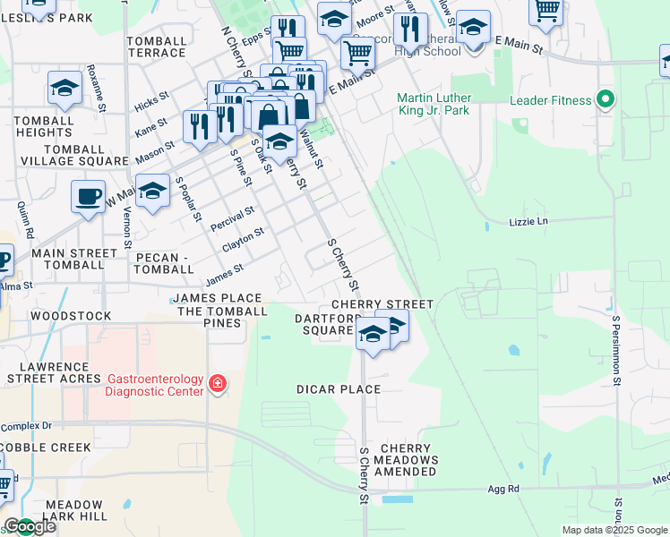 map of restaurants, bars, coffee shops, grocery stores, and more near 307 Belmont Street in Tomball