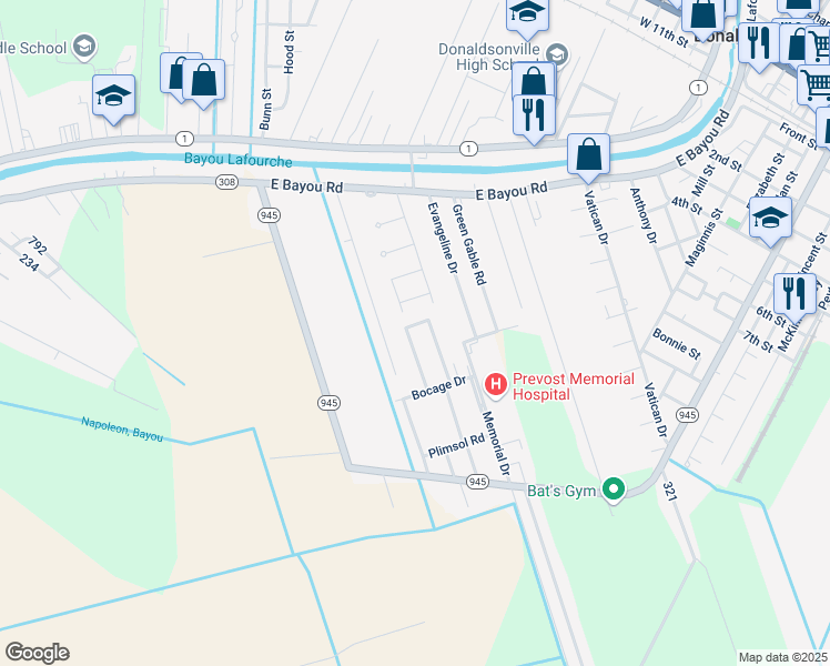 map of restaurants, bars, coffee shops, grocery stores, and more near 120 Ashland Drive in Donaldsonville