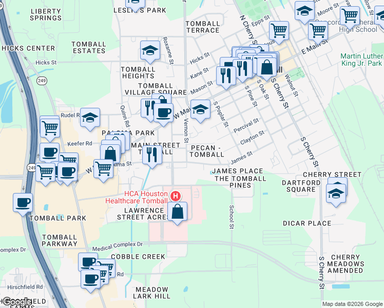 map of restaurants, bars, coffee shops, grocery stores, and more near 725 Barbara Street in Tomball