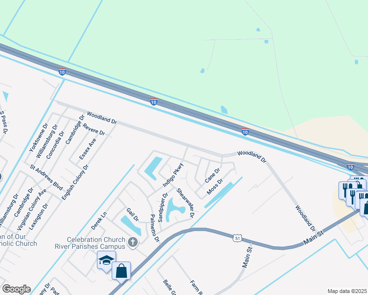 map of restaurants, bars, coffee shops, grocery stores, and more near 23 Sawgrass Drive in LaPlace