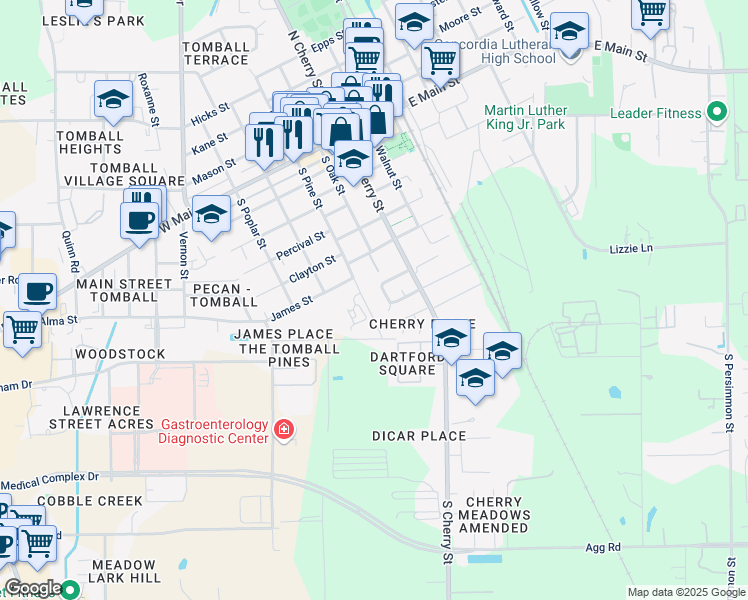 map of restaurants, bars, coffee shops, grocery stores, and more near 708 South Oak Street in Tomball