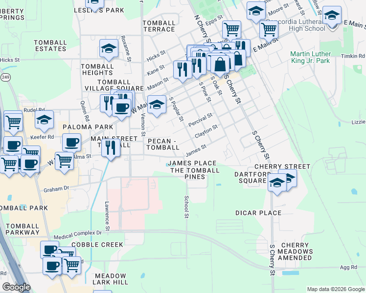 map of restaurants, bars, coffee shops, grocery stores, and more near 705 Clayton Street in Tomball