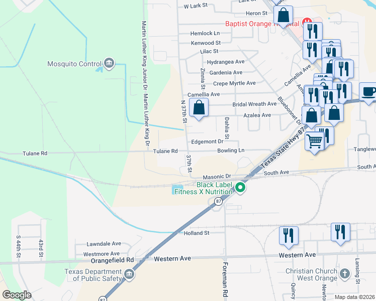 map of restaurants, bars, coffee shops, grocery stores, and more near 201 North 37th Street in Orange