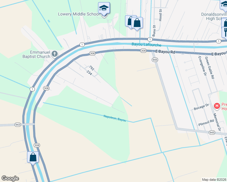 map of restaurants, bars, coffee shops, grocery stores, and more near 35341 Julie Dr in Donaldsonville
