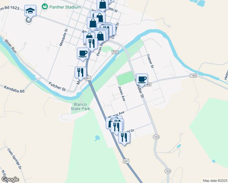 map of restaurants, bars, coffee shops, grocery stores, and more near 525 Jones Avenue in Blanco