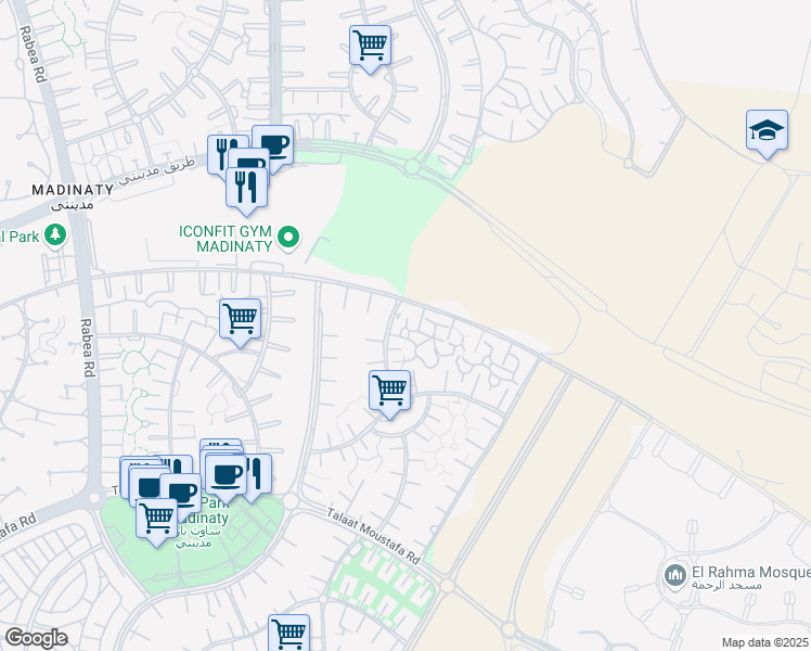 map of restaurants, bars, coffee shops, grocery stores, and more near in Second New Cairo