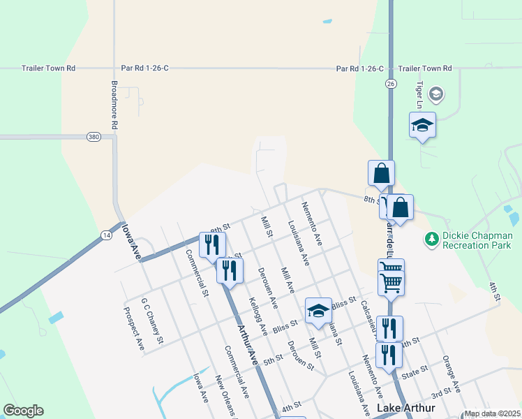 map of restaurants, bars, coffee shops, grocery stores, and more near 504 8th Street in Lake Arthur