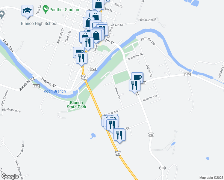 map of restaurants, bars, coffee shops, grocery stores, and more near 525 Jones Avenue in Blanco