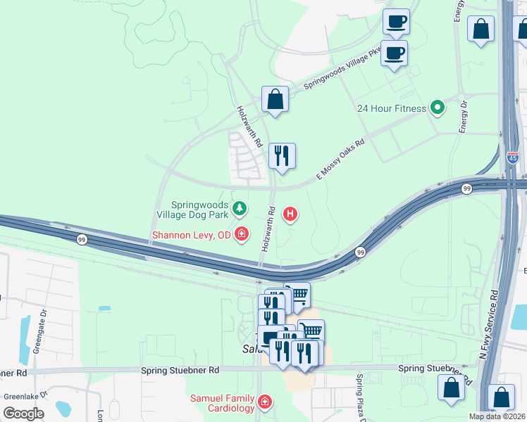 map of restaurants, bars, coffee shops, grocery stores, and more near 2323 East Mossy Oaks Road in Spring
