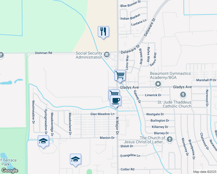 map of restaurants, bars, coffee shops, grocery stores, and more near 1600 Cornerstone Court in Beaumont