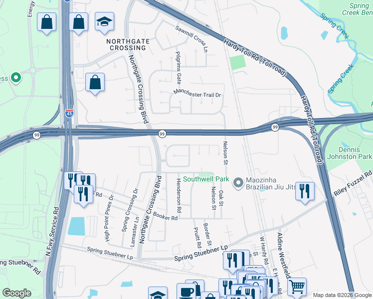 map of restaurants, bars, coffee shops, grocery stores, and more near 22739 Hearthstone Hill Lane in Spring