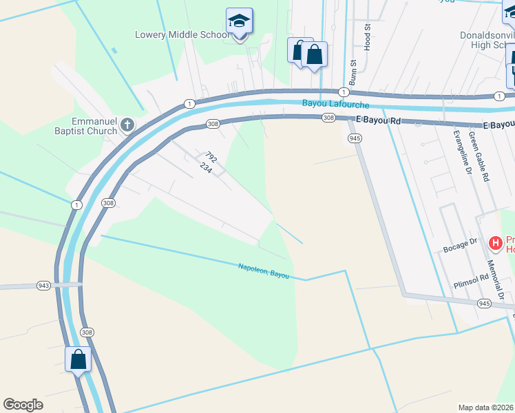 map of restaurants, bars, coffee shops, grocery stores, and more near 35341 Julie Drive in Donaldsonville