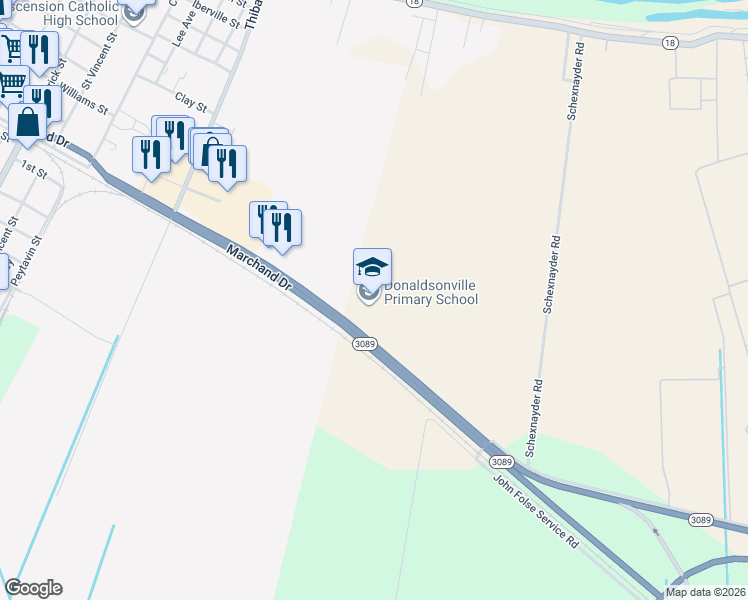 map of restaurants, bars, coffee shops, grocery stores, and more near 38210 Louisiana 3089 in Donaldsonville