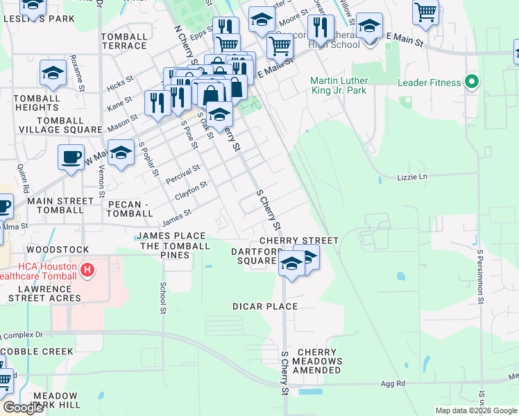 map of restaurants, bars, coffee shops, grocery stores, and more near 308 Belmont Street in Tomball